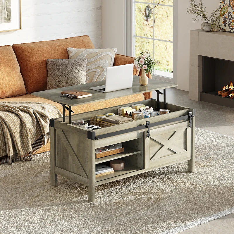 Lift Top Coffee Table with Hidden Storage and Sliding Barn Door - Modern Living Room Center Table