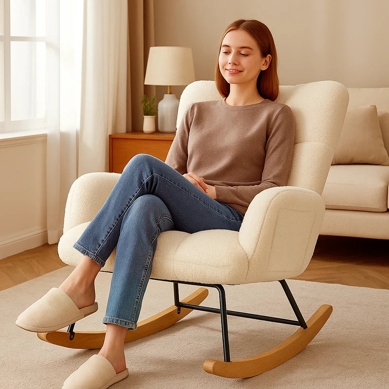 Nursery & Glider Rocking Chair with Side Pockets - Soft Teddy Fabric, High Back, Stable Frame for Living Room and Bedroom