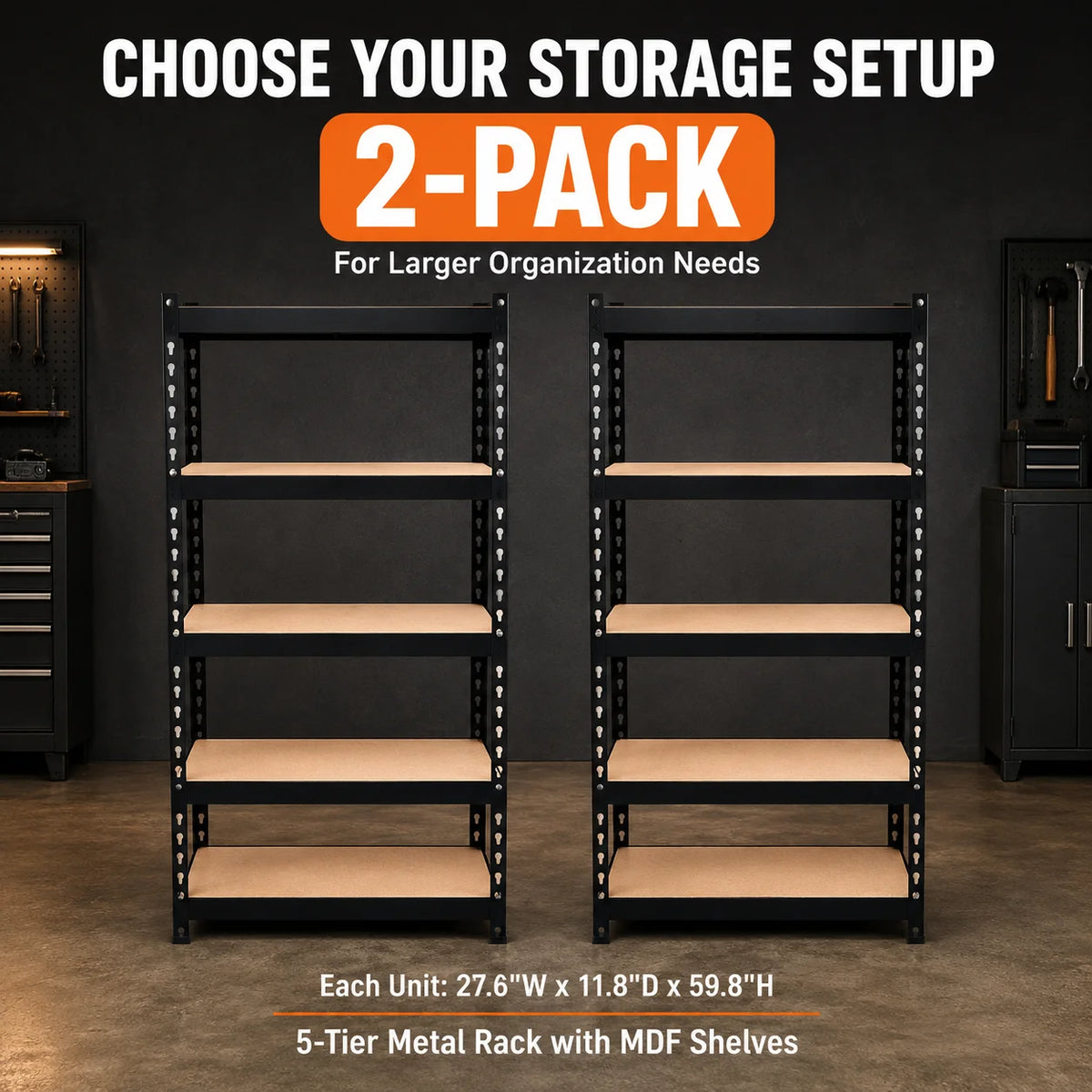 5-Tier Metal Garage Storage Shelving Unit with MDF Shelves - Heavy Duty Black & Green Options, 27.6W x 11.8D x 59.8H