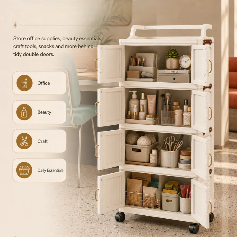 Retro Cream Storage Cart - 3, 4, 5 Tier Modular Wheeled Cabinet with Gold Handles