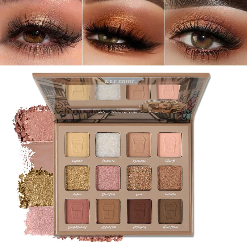 Matte Glitter Eyeshadow Palette with Warm Nude Earth Tones - Waterproof & Long Lasting, 12 Color Shades