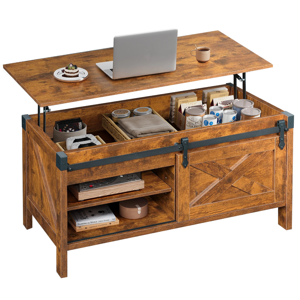Lift Top Coffee Table with Hidden Storage and Sliding Barn Door - Modern Living Room Center Table