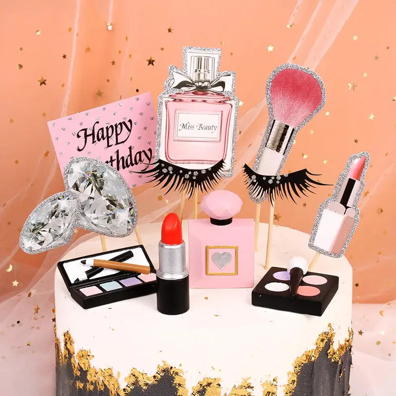 4 Pack Makeup Cake Toppers Resin Cosmetics Lipstick Perfume Bottle Decorations for Birthday Party