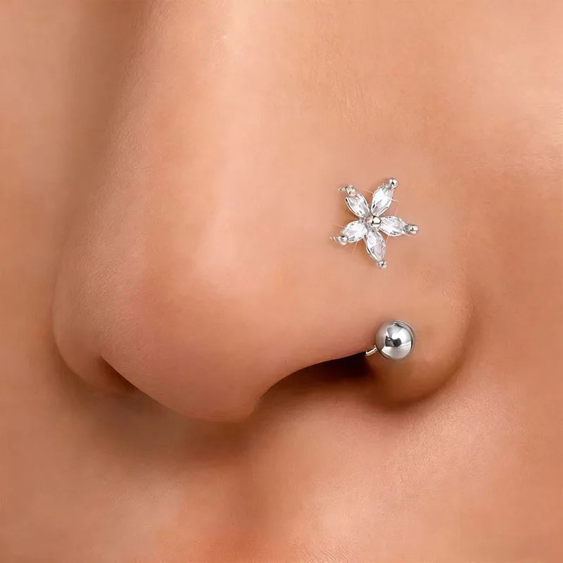 Zircon Flower-Shaped Nose Ring - 14K Gold Plated Stainless Steel Piercing Jewelry for Women