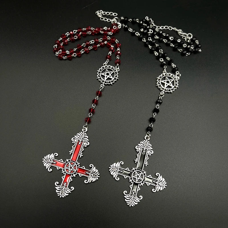 Gothic Pentagram Inverted Cross Rosary Satanic Devil Necklace Handmade Jewelry