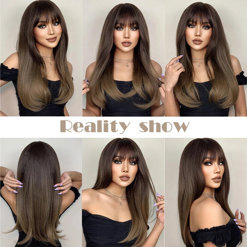 Long Straight Synthetic Wig with Ombre Dark Brown Bangs for Women - Heat Resistant, Daily Wear & Cosplay