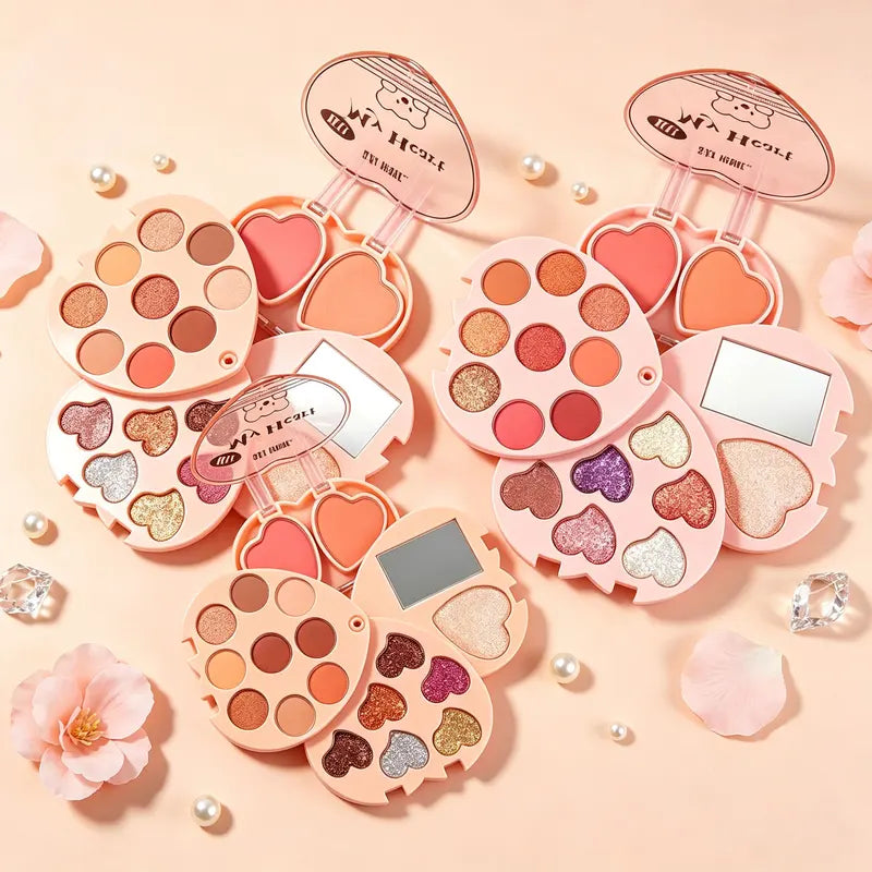 Multifunctional Heart-Shaped Makeup Palette with 9 Eyeshadows, 2 Blushes, 1 Highlighter, Portable Design, All-in-One Cosmetic Set