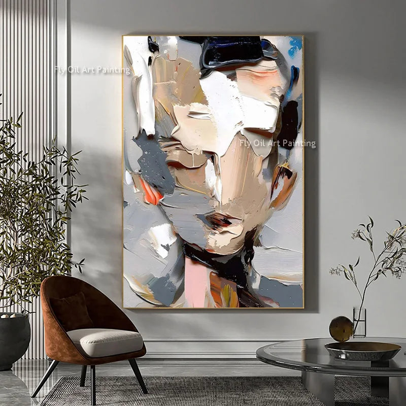 Large Abstract Face Oil Painting Canvas Art - Thick Texture Modern Artwork