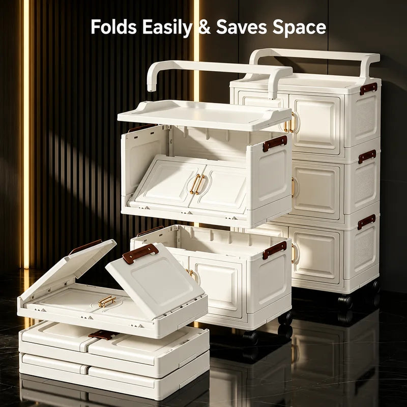 Retro Cream Storage Cart - 3, 4, 5 Tier Modular Wheeled Cabinet with Gold Handles