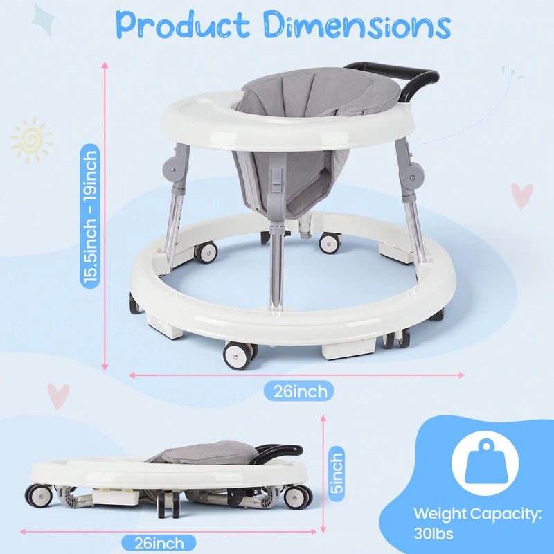 Foldable Baby Walker with Anti-Rollover Safety Base & Adjustable Support Legs