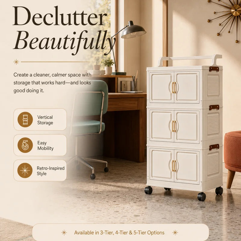 Retro Cream Storage Cart - 3, 4, 5 Tier Modular Wheeled Cabinet with Gold Handles