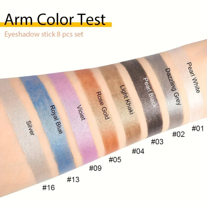 8-Piece Metallic Eyeshadow Stick Set Waterproof Long-Lasting Eye Makeup