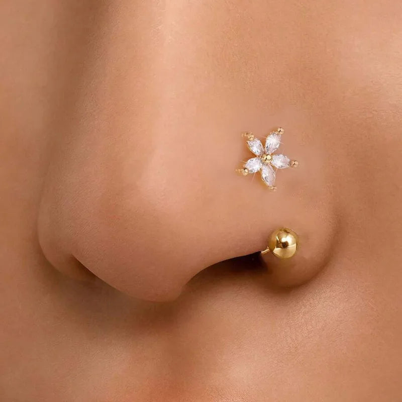 Zircon Flower-Shaped Nose Ring - 14K Gold Plated Stainless Steel Piercing Jewelry for Women