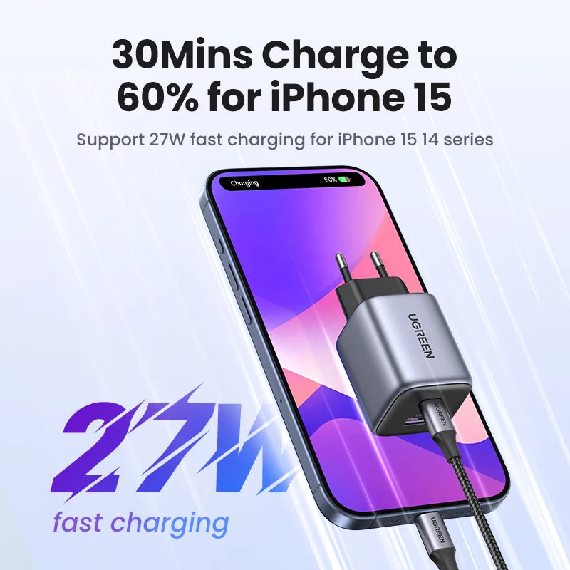 35W GaN USB-C & USB-A Fast Charger for iPhone, Samsung, Xiaomi, iPad Pro - Compact Travel Power Adapter