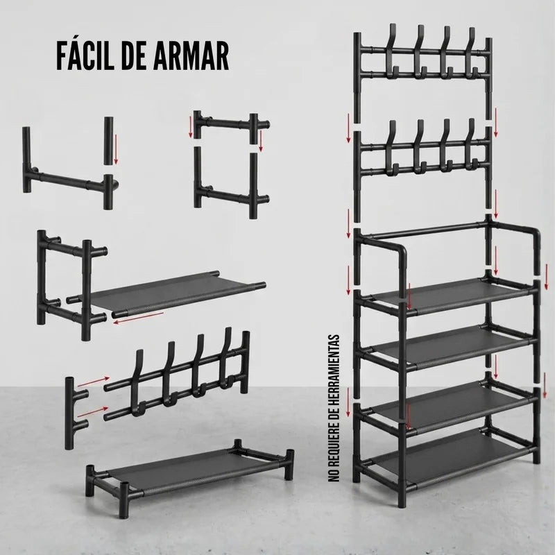Modular Shoe Rack with 5 Shelves and 8 Hangers - Black & White Home Organizer