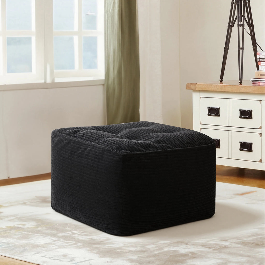 Black Corduroy Square Ottoman Footstool - Tufted Upholstered Footrest for Living Room & Bedroom