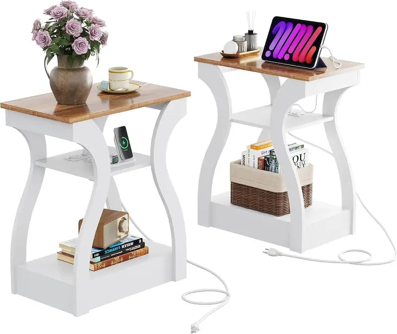 Modern End Tables Set of 2 with Charging Station - Nightstand with USB Ports and Storage Shelf