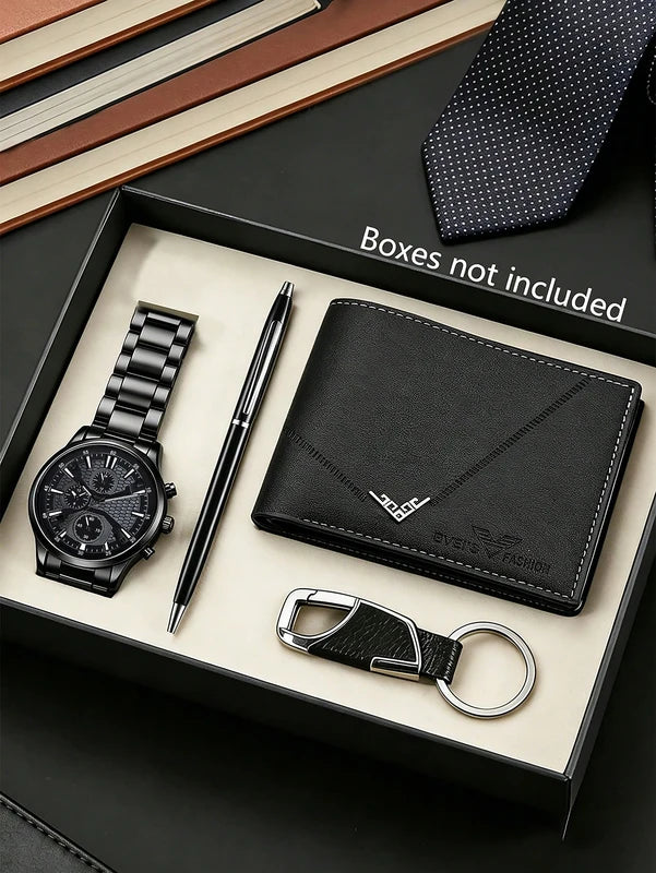 Men's Quartz Watch and Wallet Set - Stainless Steel Belted Business Accessories