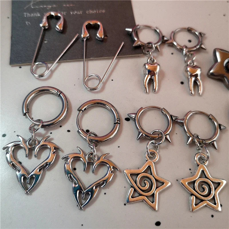 Y2K Punk Earrings Set with Star Heart Spiral Charms - Silver Tone, Multiple Colors