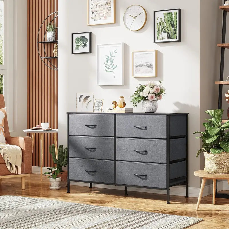 Bedroom Dresser with 6 Fabric Drawers, Dark Grey Storage Cabinet