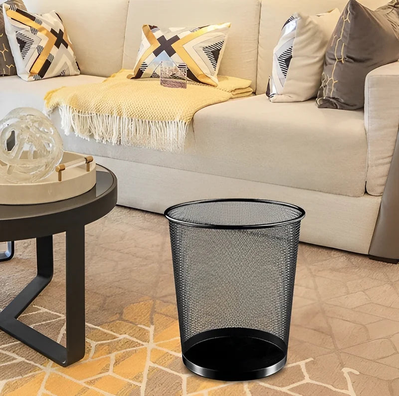 10L Metal Round Trash Bin - Modern Office & Home Wastebasket, Black