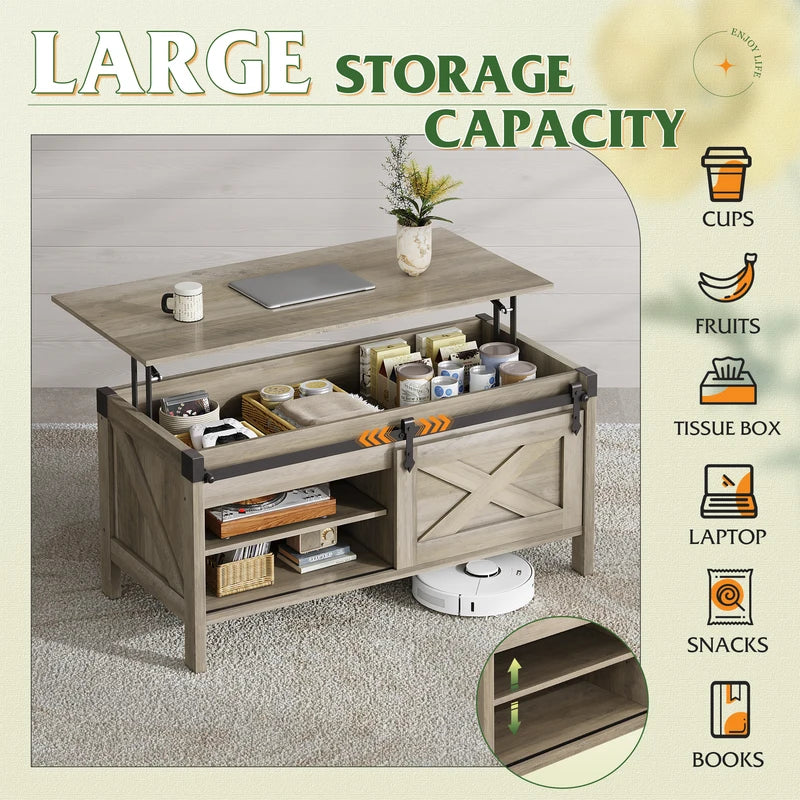 Lift Top Coffee Table with Hidden Storage and Sliding Barn Door - Modern Living Room Center Table