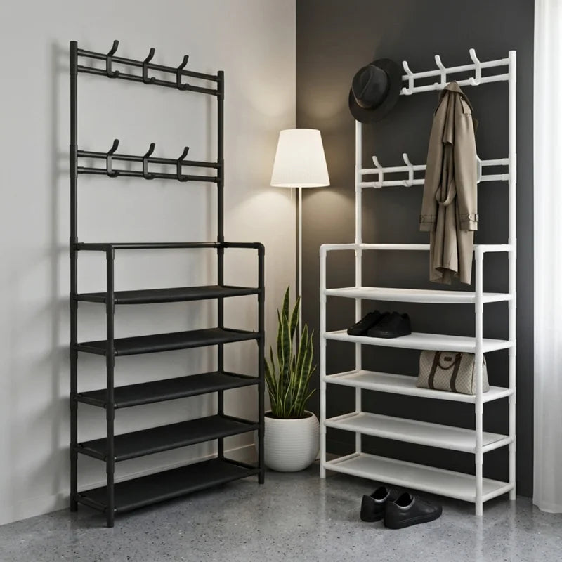 Modular Shoe Rack with 5 Shelves and 8 Hangers - Black & White Home Organizer