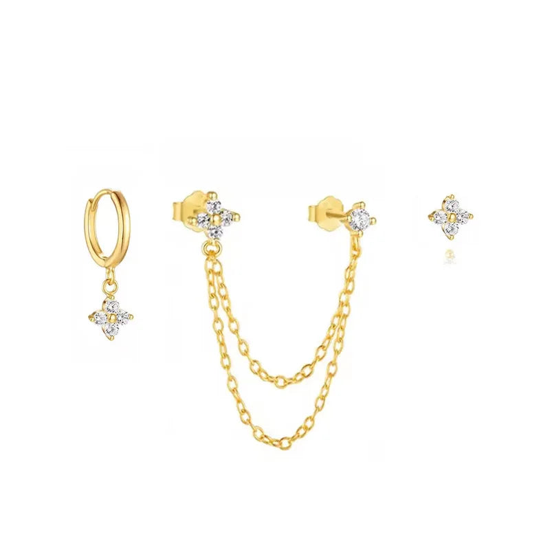 3-Piece Zircon Flower Dangle Hoop & Stud Earring Set for Women Stainless Steel Jewelry