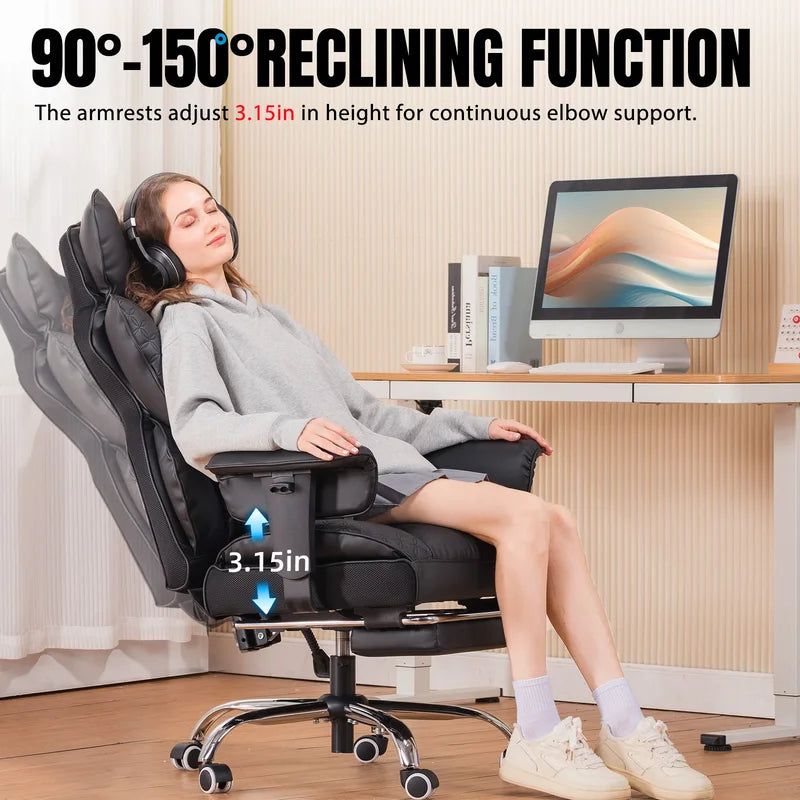 Ergonomic Leather Office Chair with Footrest & Adjustable Armrests