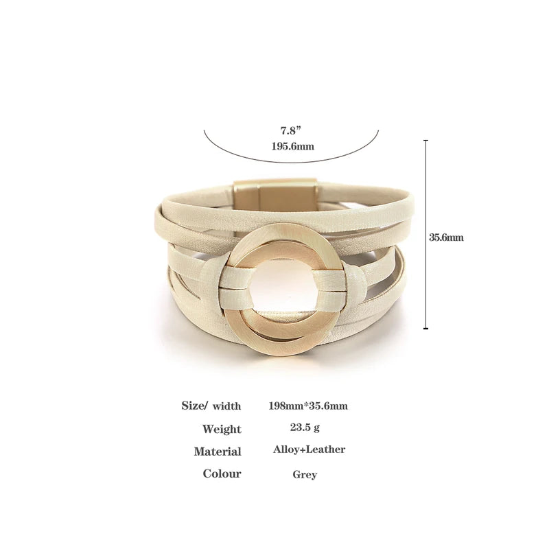 Boho Genuine Leather Wrap Bracelet for Women & Men with Hollow Circle Charm