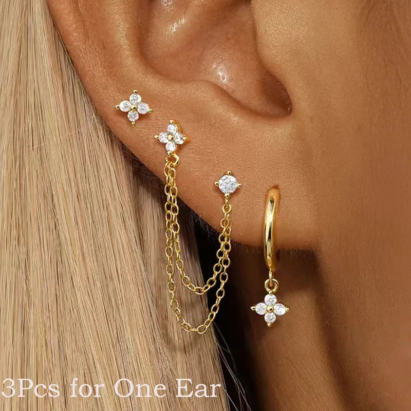 3-Piece Zircon Flower Dangle Hoop & Stud Earring Set for Women Stainless Steel Jewelry
