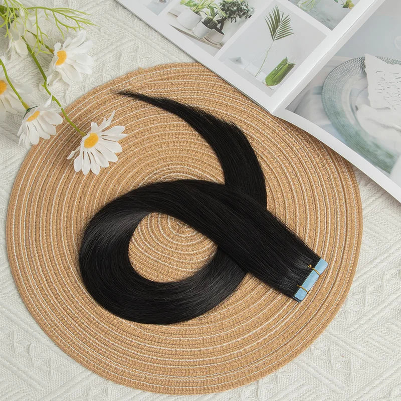Natural Human Hair Extensions Tape-In Weft - Double-Sided, Black Blonde Brown Options