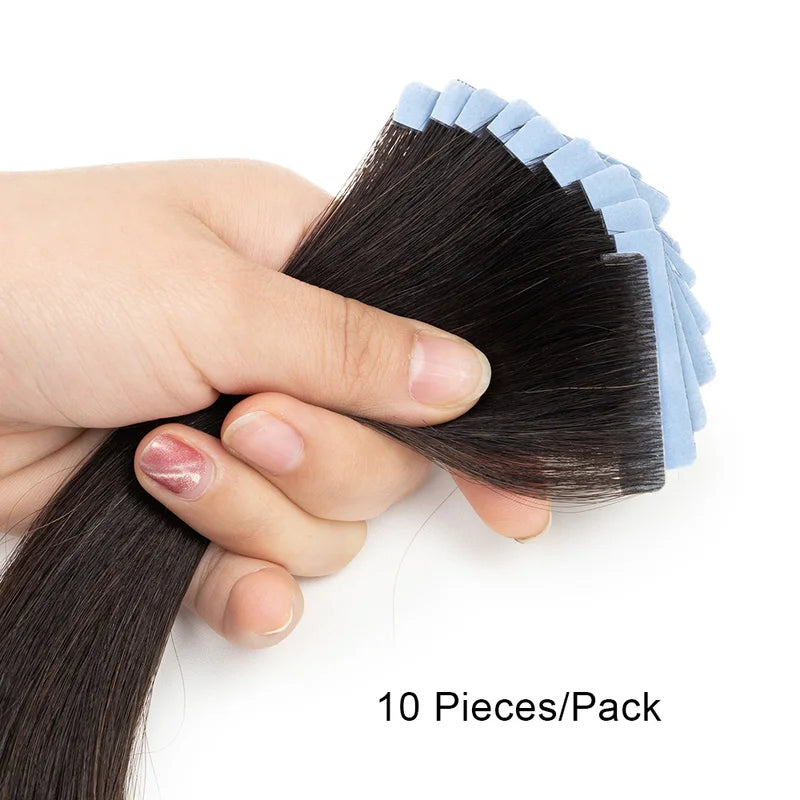 Natural Human Hair Extensions Tape-In Weft - Double-Sided, Black Blonde Brown Options