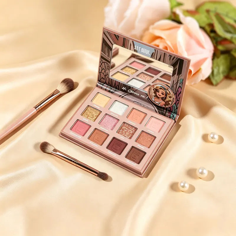 Matte Glitter Eyeshadow Palette with Warm Nude Earth Tones - Waterproof & Long Lasting, 12 Color Shades