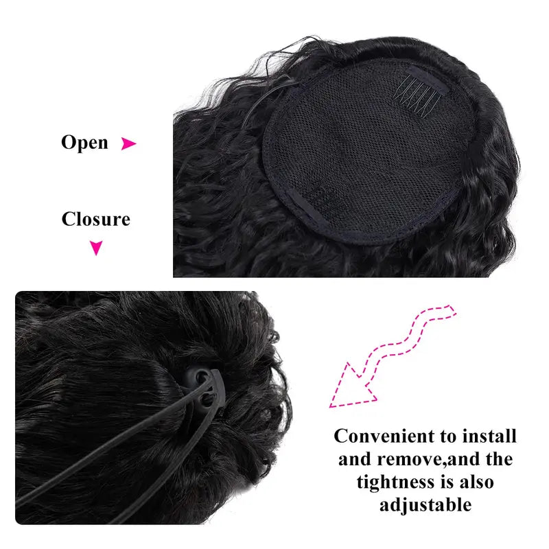 Deep Wave Drawstring Ponytail Extensions 100% Human Hair Natural Black