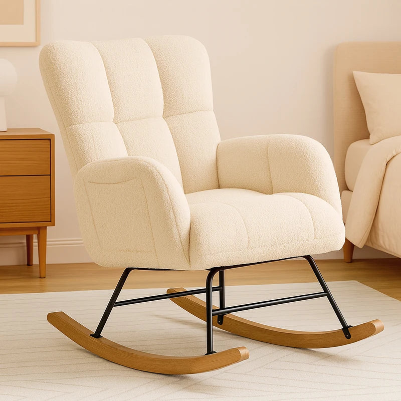 Nursery & Glider Rocking Chair with Side Pockets - Soft Teddy Fabric, High Back, Stable Frame for Living Room and Bedroom