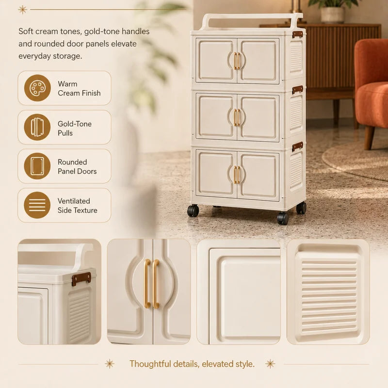 Retro Cream Storage Cart - 3, 4, 5 Tier Modular Wheeled Cabinet with Gold Handles