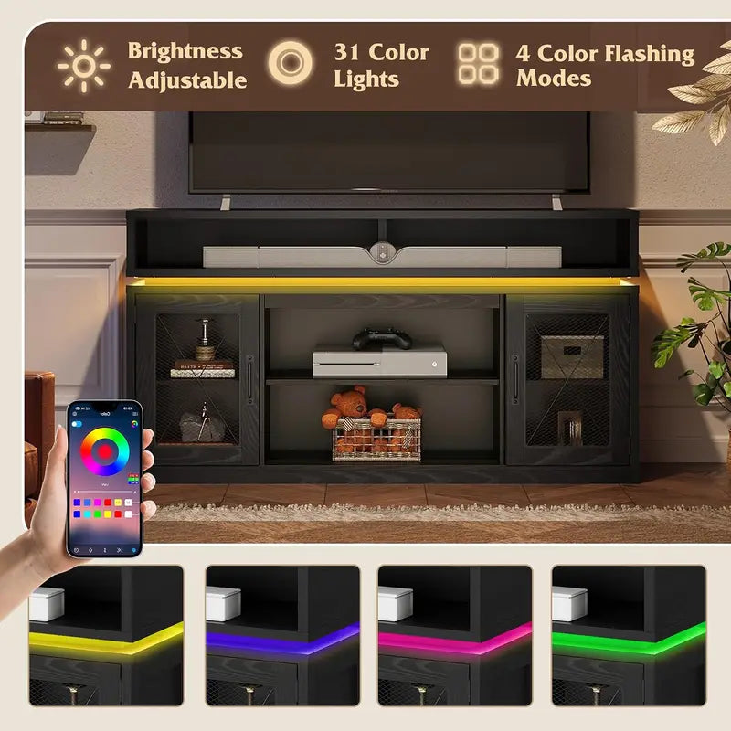 Farmhouse TV Stand for 65-Inch TVs with LED Lighting, Black Storage Console