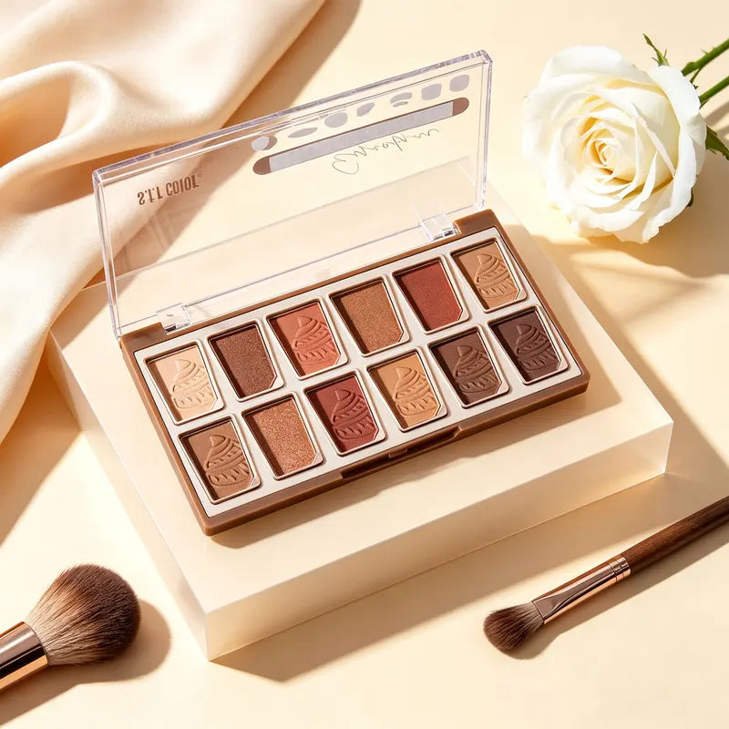 12 Colors Eyeshadow Palette Matte & Shimmer Creamy Powder with Dessert Embossed Pattern, Long Lasting Waterproof Makeup for Daily & Party Looks