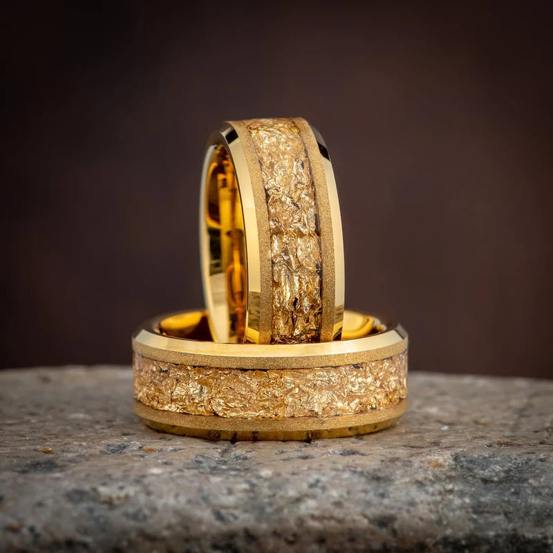 Men's Gold Tungsten Carbide Wedding Band with Gold Leaf Inlay - Comfort Fit