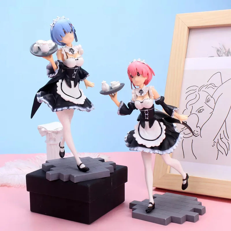 Re:Zero Rem & Ram Figure Set - Maid Costume with Tray, Standing Collectible Models