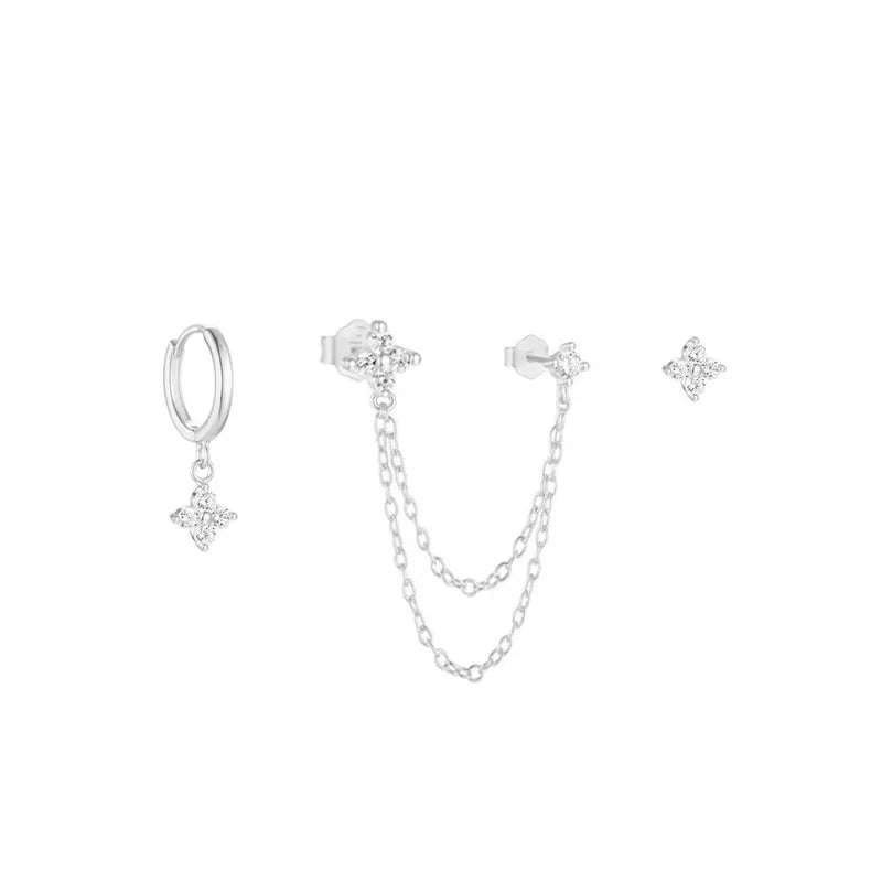 3-Piece Zircon Flower Dangle Hoop & Stud Earring Set for Women Stainless Steel Jewelry