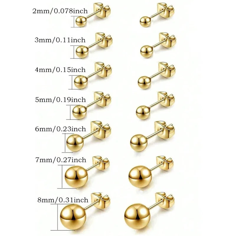 Ball Design Stud Earrings Set - Stainless Steel & 18K Gold Plated Jewelry