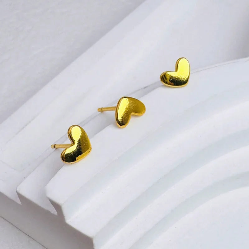 3-Piece Butterfly Back Stud Earrings for Women - Minimalist Heart Jewelry, 14K Gold Plated Silver Color