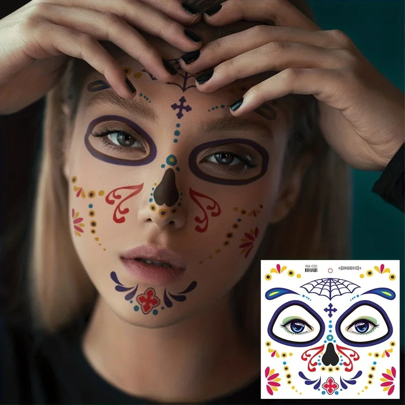 Halloween Temporary Tattoos Sticker Set Waterproof Skull & Day Of The Dead Designs