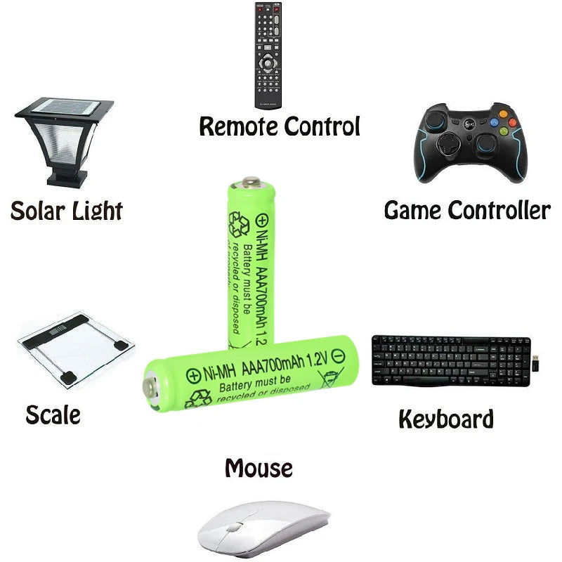 Rechargeable 1.2V AAA Ni-MH Batteries 700mAh for Remote Controls, Toys, Solar Lights