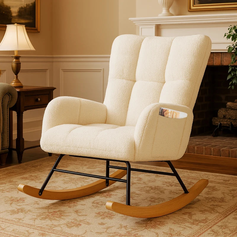 Nursery & Glider Rocking Chair with Side Pockets - Soft Teddy Fabric, High Back, Stable Frame for Living Room and Bedroom