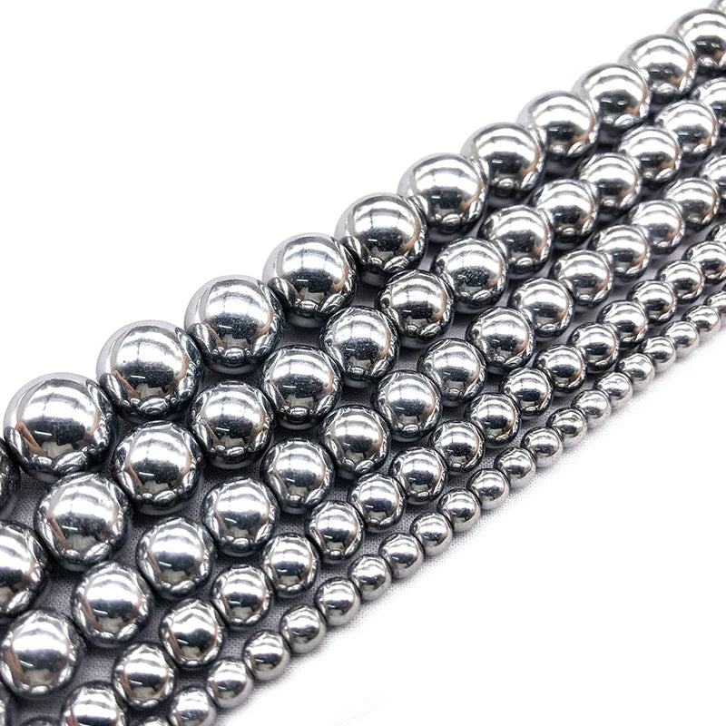 Natural Silver Plated Hematite Beads Round Loose Jewelry Making Stones 2-12mm
