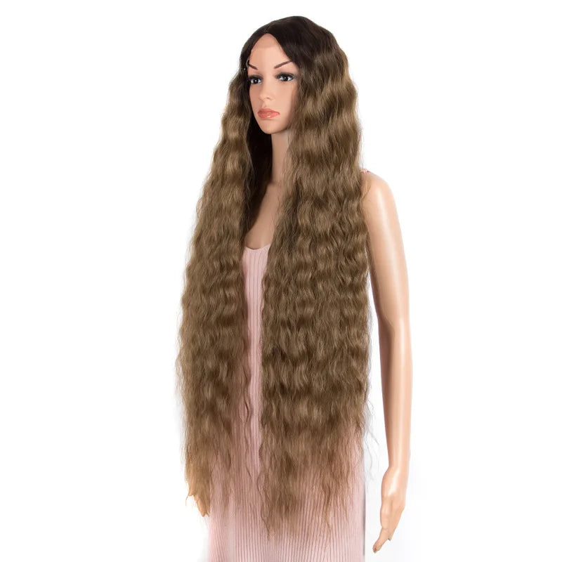 Long Curly Water Wave Wig for Women - Ombré Brown, 42 Inch Heat-Resistant Synthetic Hair, Lace Front Cosplay Wig