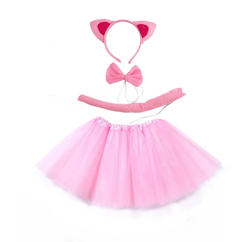 Cat Ear Cosplay Headband Tutu Skirt Tail Gloves Set for Halloween Carnival Birthday